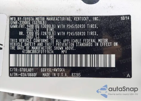 2015 Toyota Venza Xle V6 из США, поврежденный, VIN 4T3BK3BB3FU111634